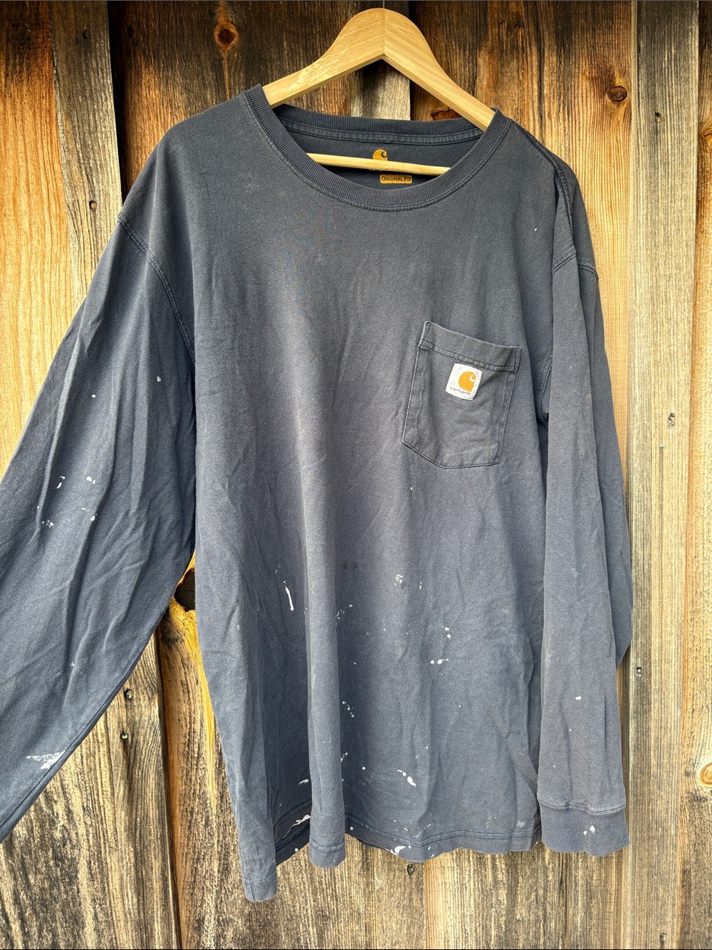 Carhartt Men's Long Sleeve Pocket Tee in Charcoal with paint splatter